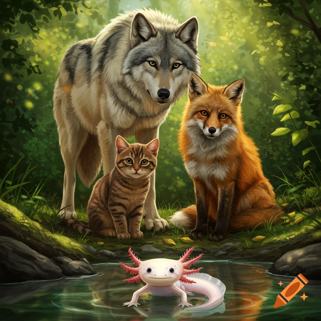 Illustrated wolf, fox, and tabby cat stand in a lush forest with an axolotl in a pond, all looking at viewer.