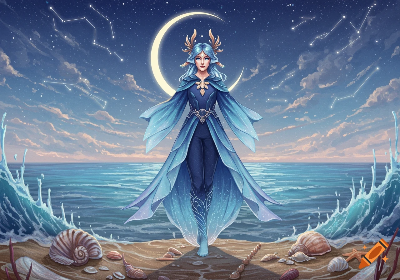 Ethereal fantasy woman with antlers and flowing blue gown stands on a beach under a starry night sky with a large crescent moon.