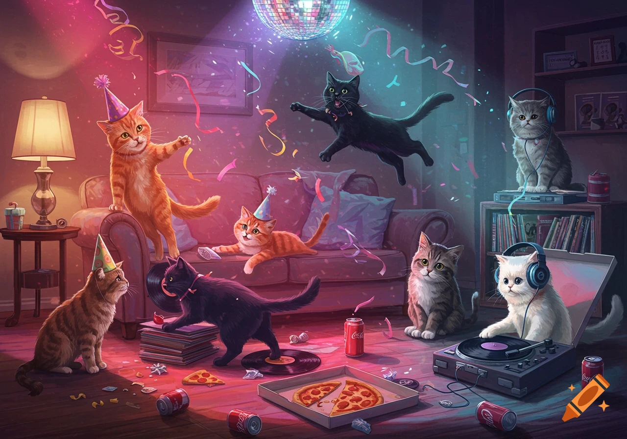 A group of cute cats having a vibrant party in a living room, with a disco ball, pizza, soda cans, and confetti. One cat wears headphones at a DJ setup.