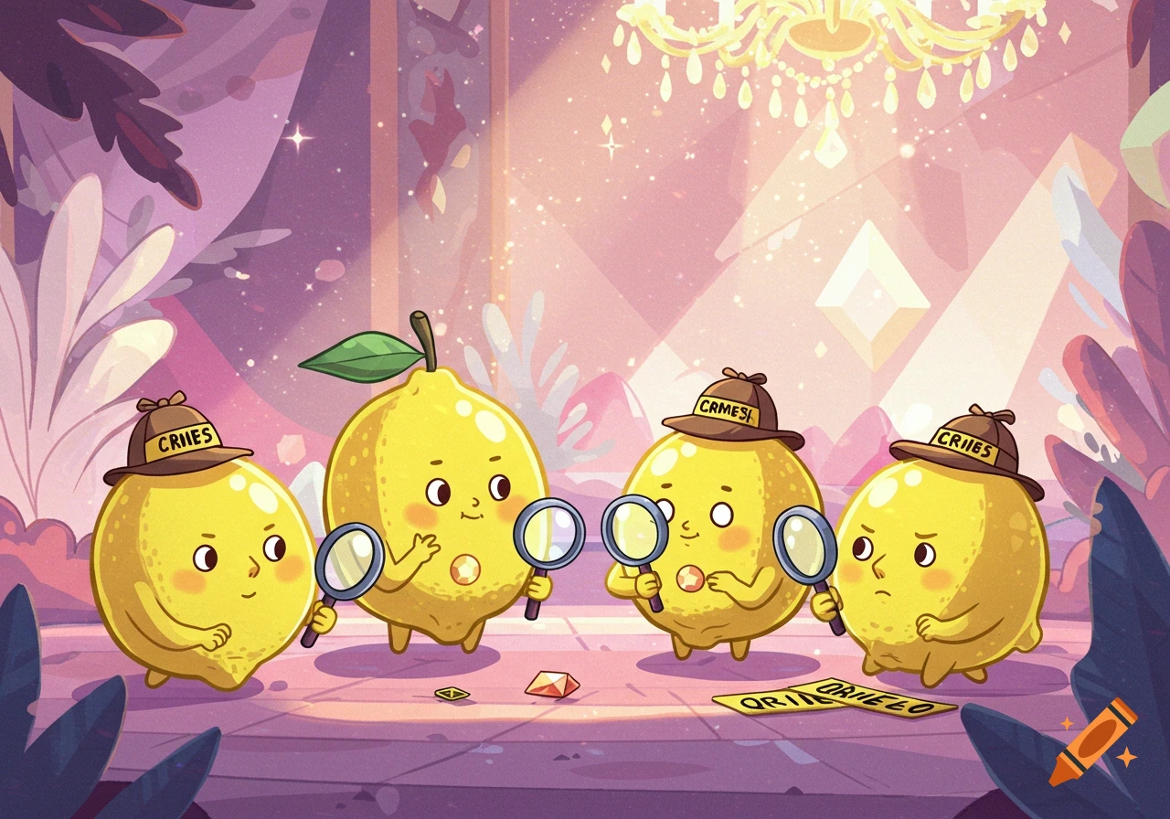 Four cartoon lemons dressed as detectives with magnifying glasses investigate a crime scene in a sparkly, pink and purple room.
