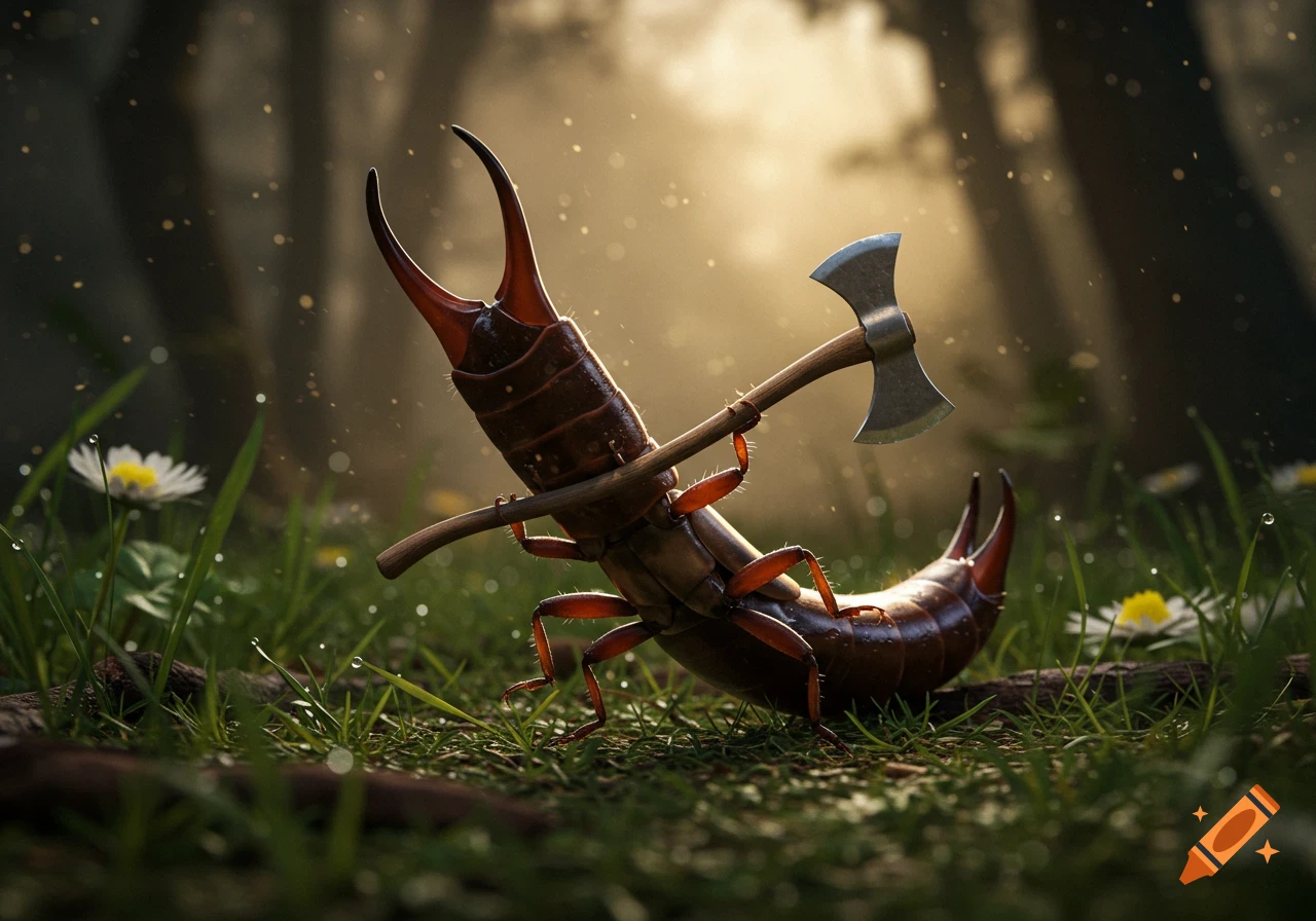 A photorealistic earwig stands on grass in a forest, holding a small axe, with sunlight filtering through trees.