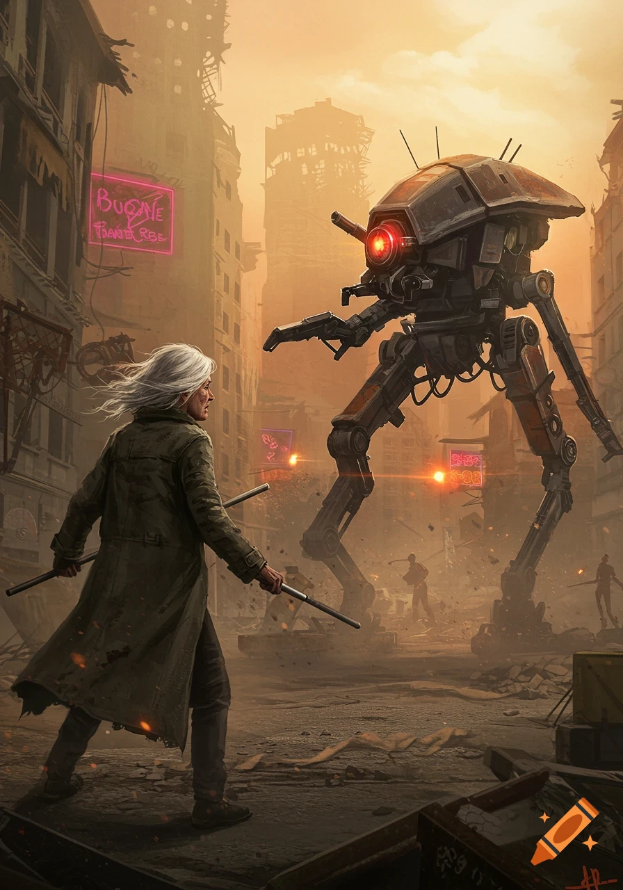 An old woman with white hair wields two sticks, confronting a large four-legged robot in a ruined city with neon signs.