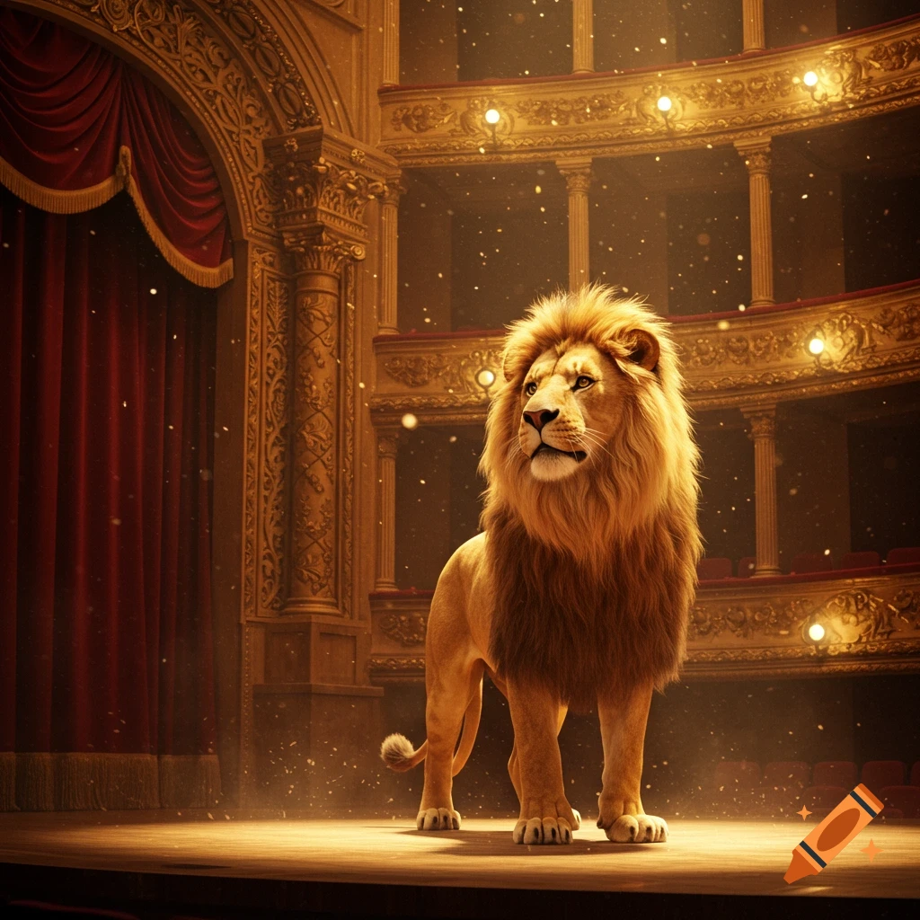 A majestic lion stands on a brightly lit stage in an ornate golden theatre with red curtains. Dust motes shimmer in the light.
