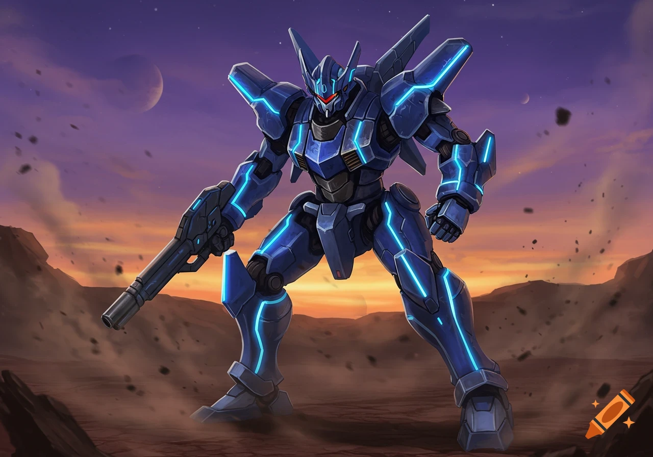 A blue mech with glowing neon highlights stands on a rocky alien planet under a purple and orange twilight sky, holding a rifle.