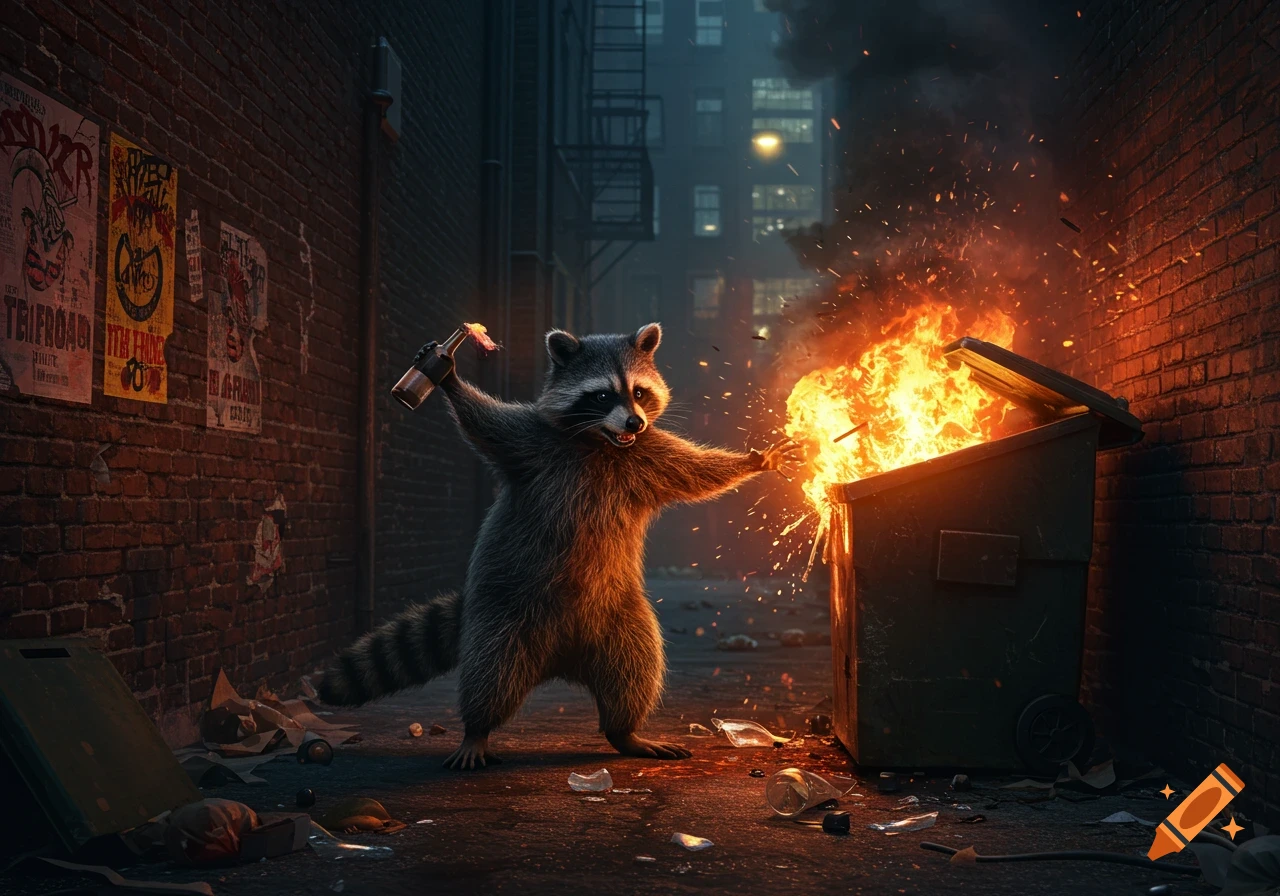 Photorealistic image of a raccoon throwing a molotov cocktail into a dumpster fire in a dark urban alleyway.