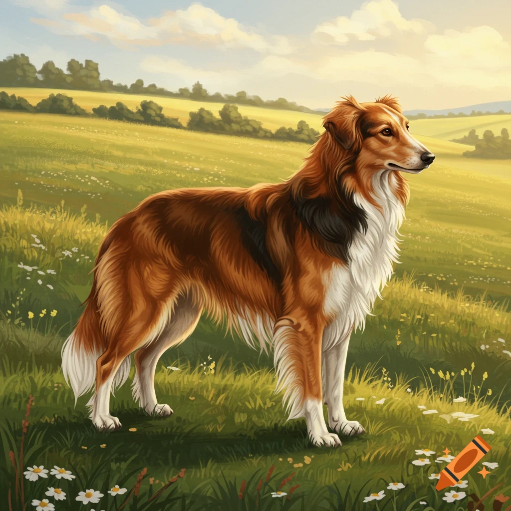 A brown and white collie dog stands in a sunny green field with wildflowers and hills.