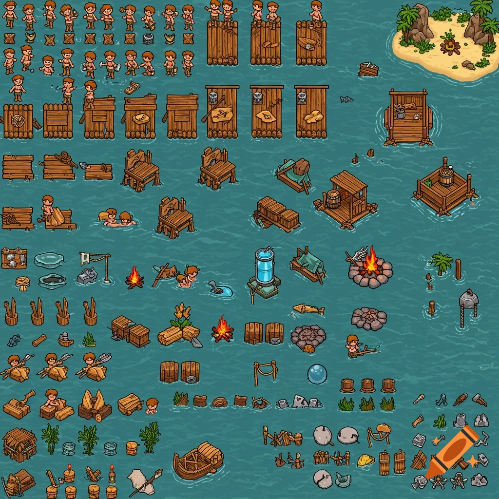 A pixel art sprite sheet for a top-down raft survival game, showing character animations, raft pieces, tools, items, and environment.