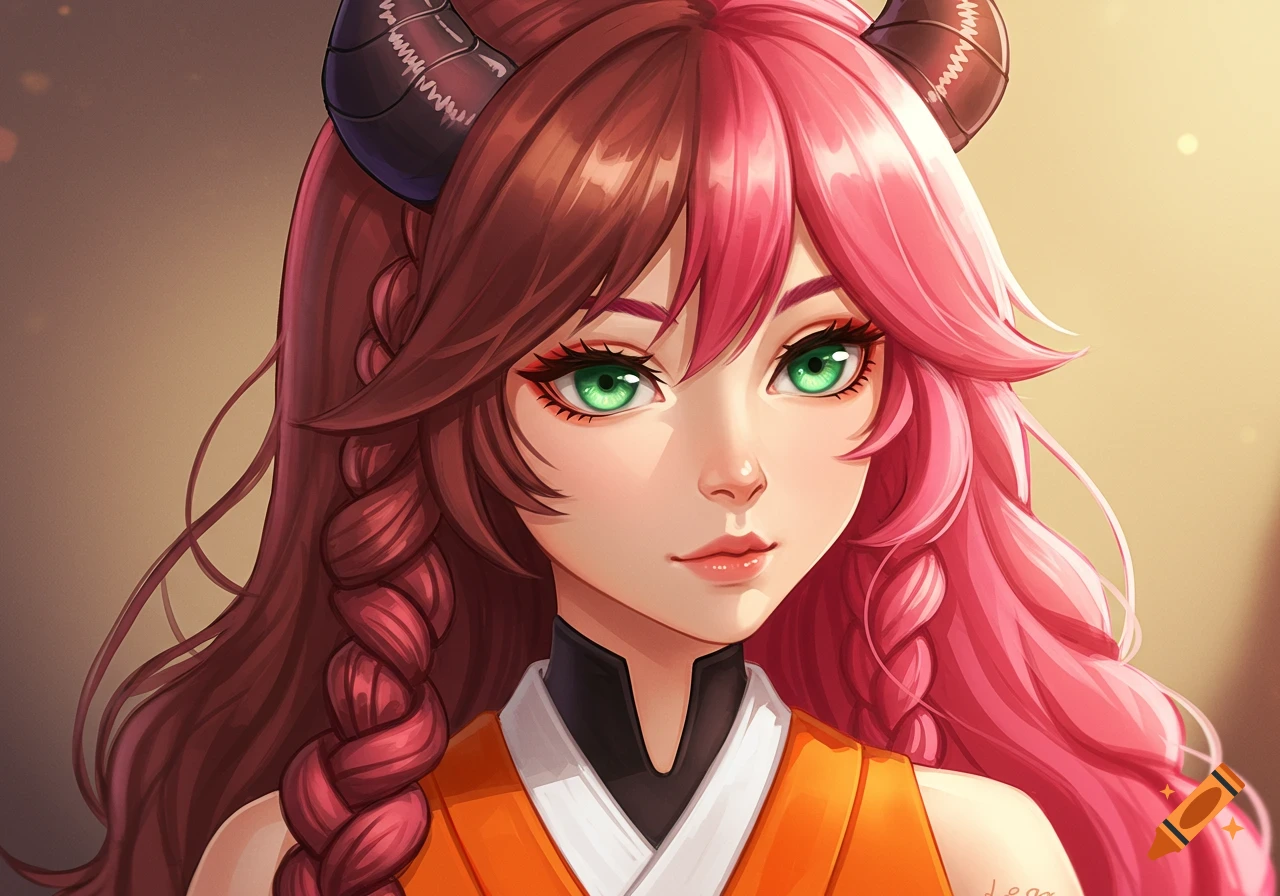 Close-up anime portrait of a female character with split brown and pink hair, green eyes, and small dark horns, wearing an orange and white outfit.