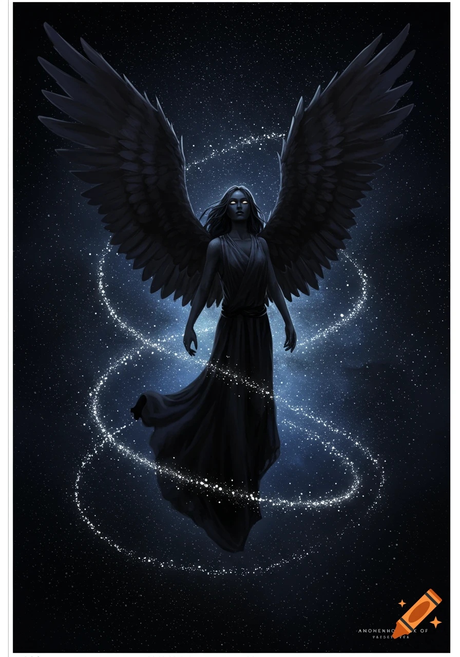 An obsidian angel with large black wings and glowing white eyes stands in a dark, starry cosmic void, encircled by sparkling white light trails.