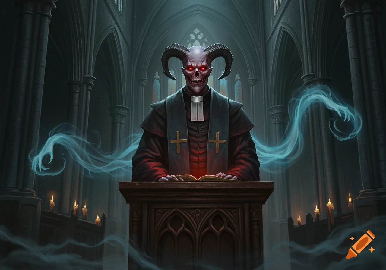 A horned demonic vicar with glowing red eyes stands at a podium, reading from a glowing book in a dark, smoky gothic church.