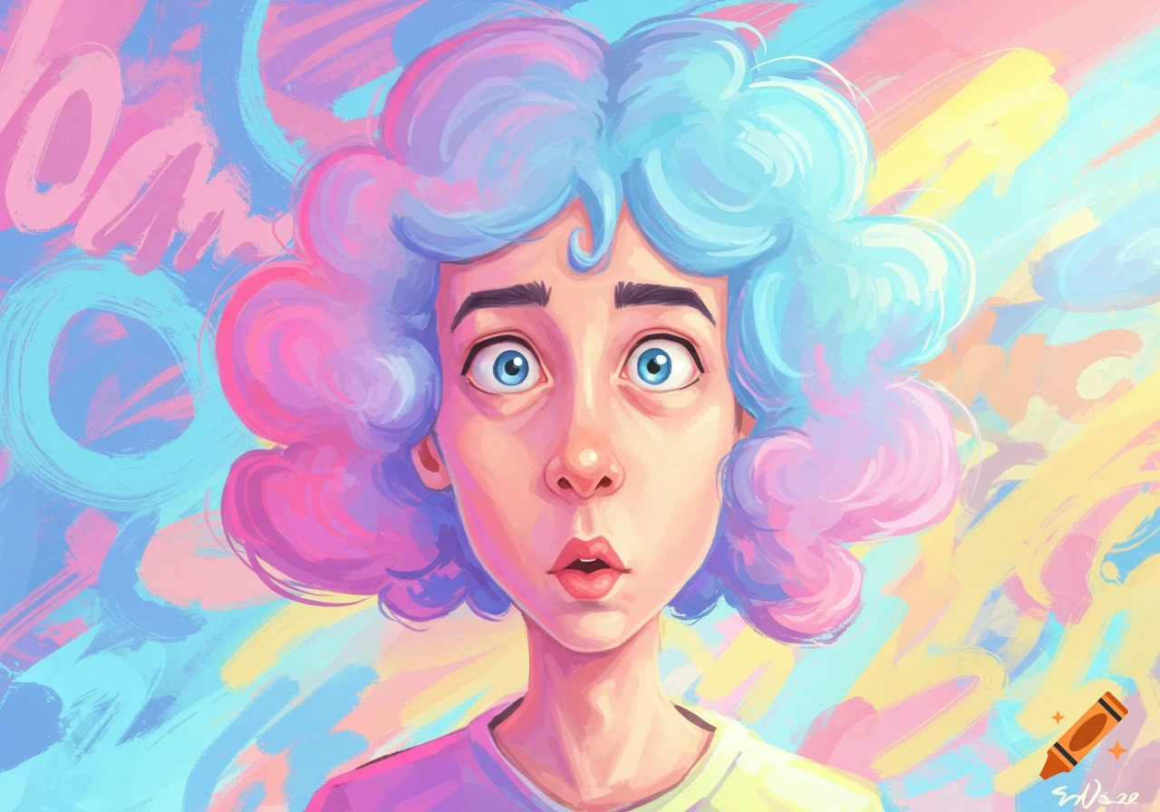 A cartoon character with fluffy blue and pink hair, wide blue eyes, and a surprised expression against a colorful abstract background.