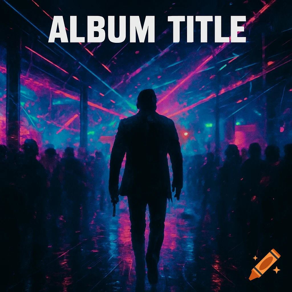 A silhouetted man walks through a dark, neon-lit nightclub, titled 'ALBUM TITLE' at the top.