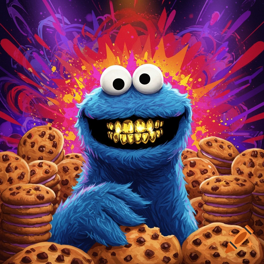 Vibrant illustration of Cookie Monster with shiny gold grillz, happily surrounded by chocolate chip cookies and a colorful, explosive background.