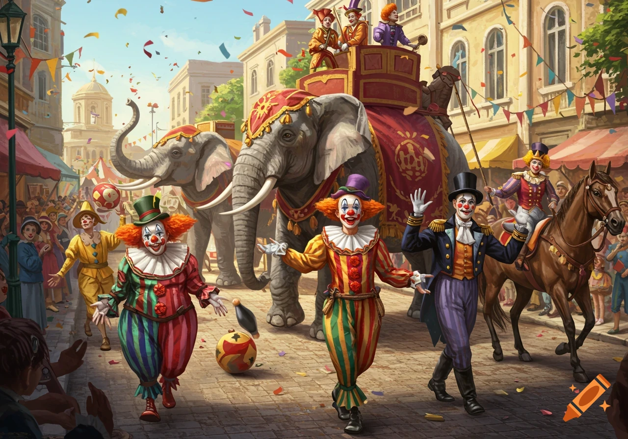 A colorful circus parade featuring clowns, decorated elephants, and a horse in a bustling, old-fashioned street with confetti.