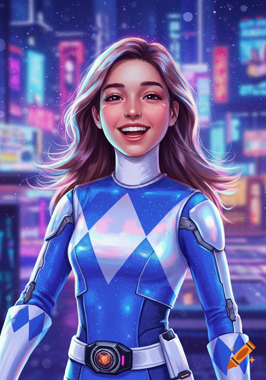 A smiling young woman in a blue and white Power Ranger suit stands against a blurred neon cyberpunk city background in an anime art style.