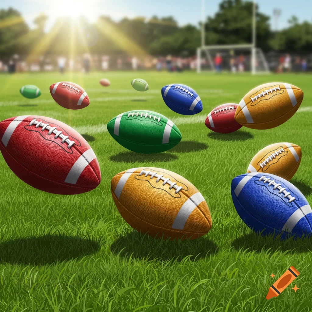 Colorful American footballs bouncing above a green sports field with blurred goalposts and players in the background.