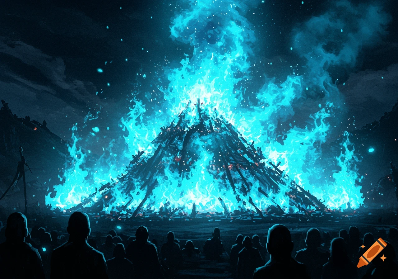 A large pyre burns with bright blue flames under a dark night sky, watched by a crowd of silhouetted figures.