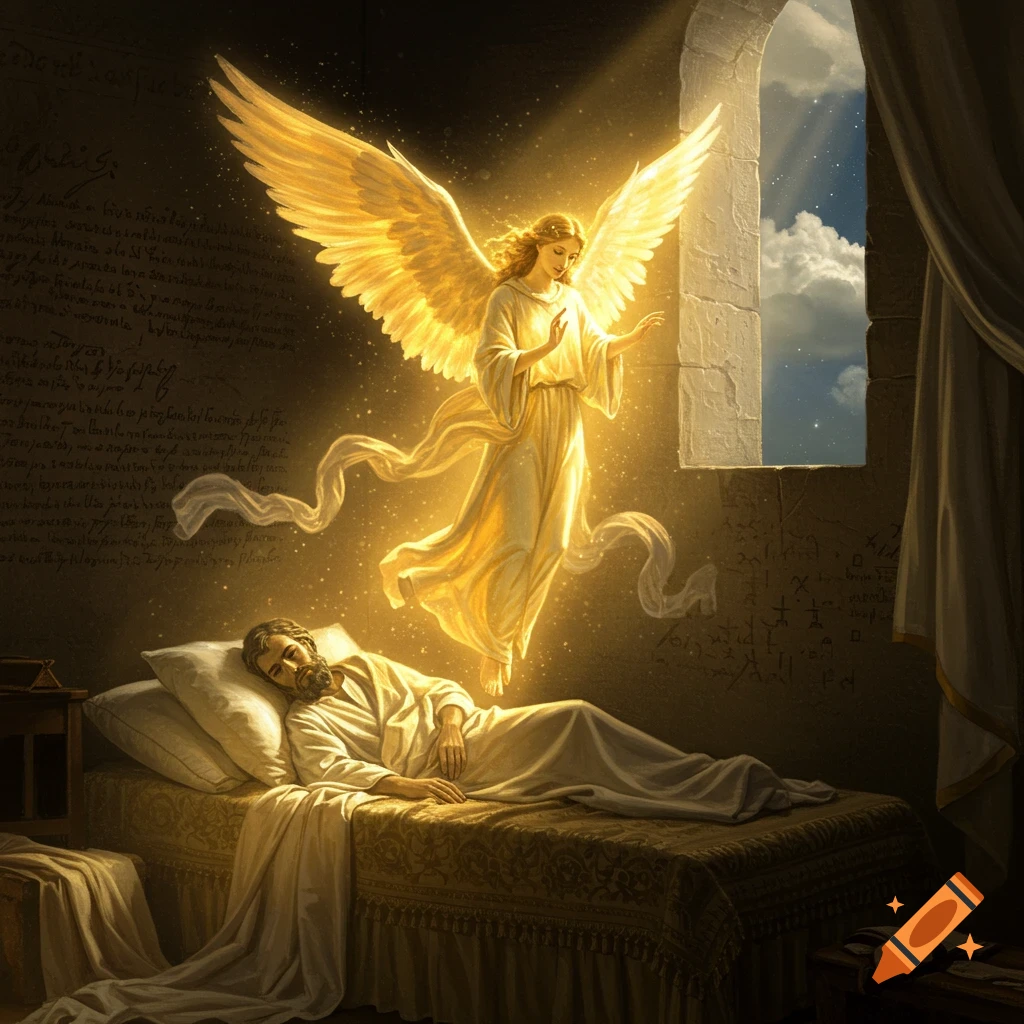 A glowing angel with large wings hovers over a bearded man sleeping in a bed, bathed in golden light from a window.