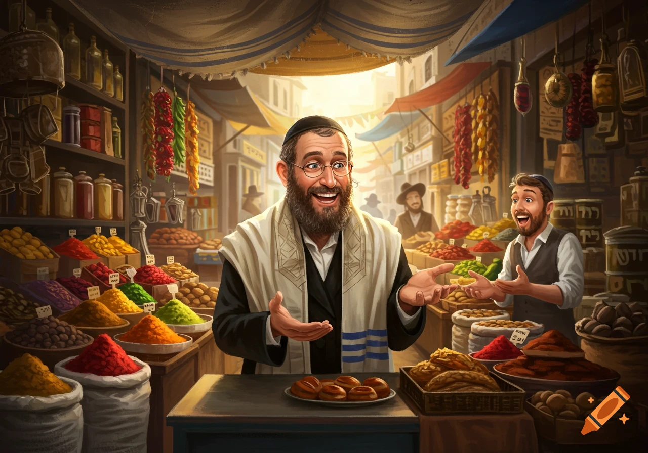 A smiling Jewish man with a beard and glasses, wearing a tallit, stands in a vibrant, bustling market stall with colorful spices, talking to another man.