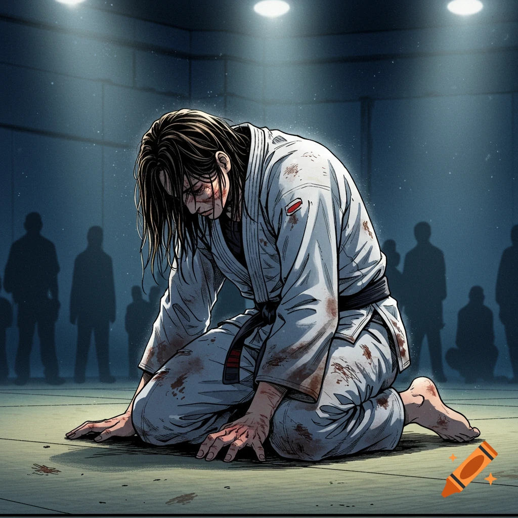 A defeated female martial artist with blood on her face and gi kneels on a mat in a manga style, with shadowy figures in the background.