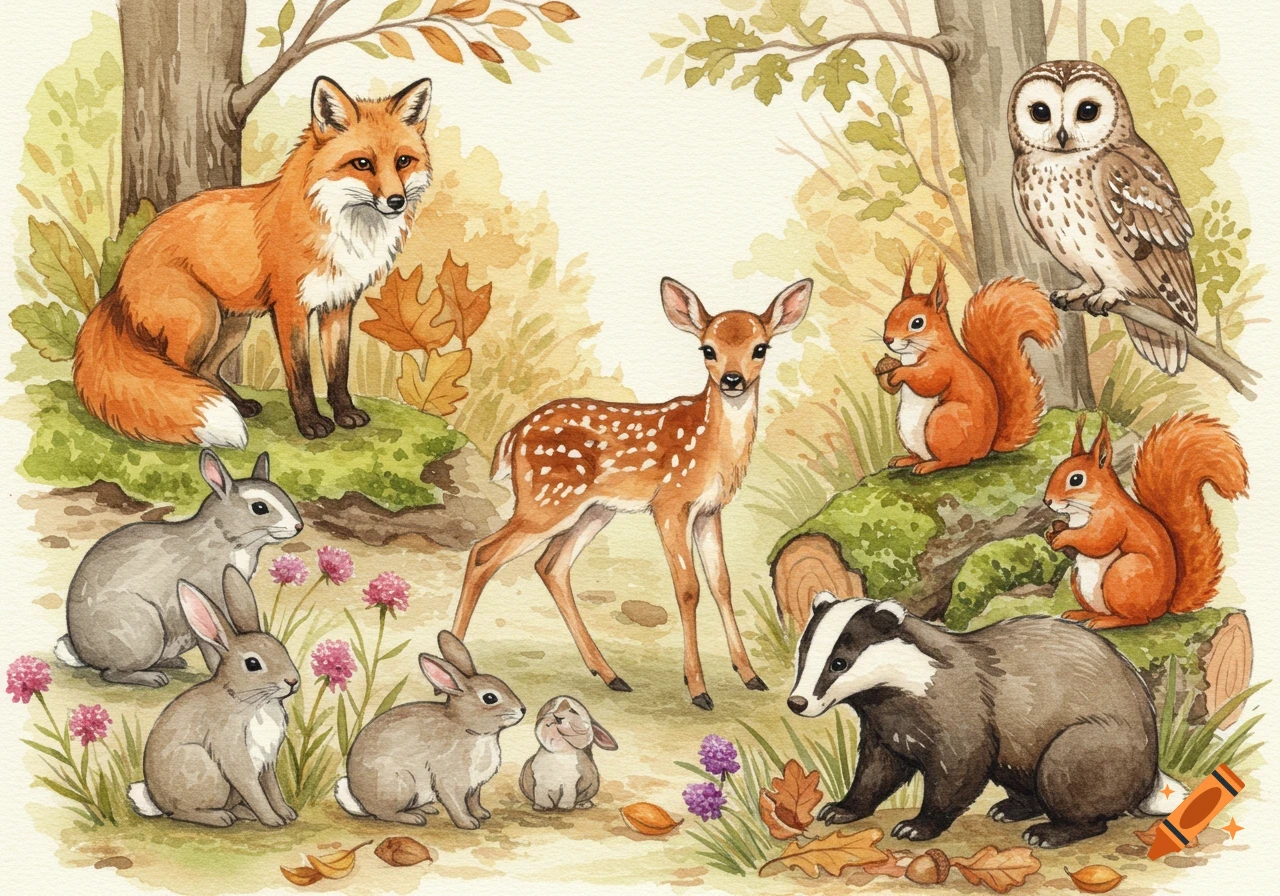 A watercolor illustration of various woodland animals, including a fox, a fawn, an owl, two squirrels, a badger, and several rabbits, gathered in a leafy forest setting.