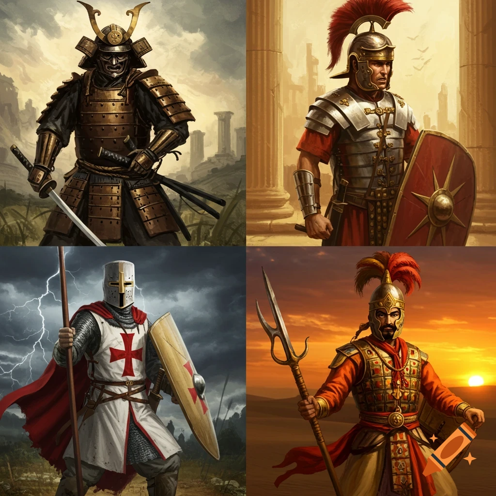 A four-panel image of a Samurai, Roman Legionnaire, Knight Templar, and Rajput Warrior in a consistent realistic illustration style.