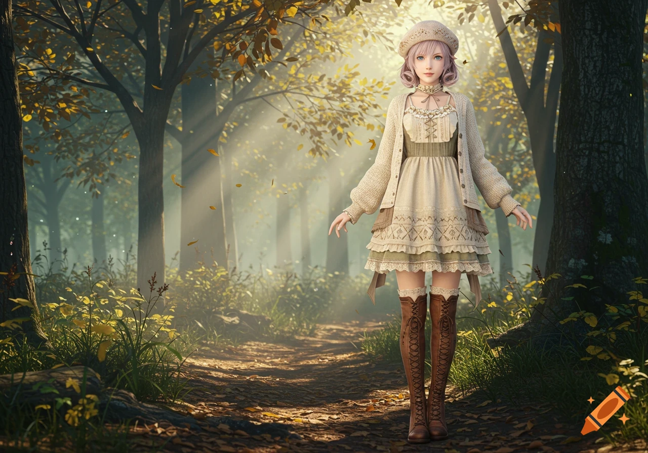 A young woman in a beige dress, cardigan, and brown boots stands on an autumn forest path with sunbeams.