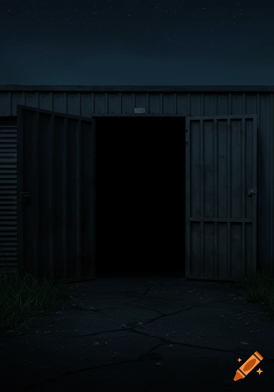 A dark, open metal storage unit at night under a starry sky, with a pitch-black interior and cracked pavement.