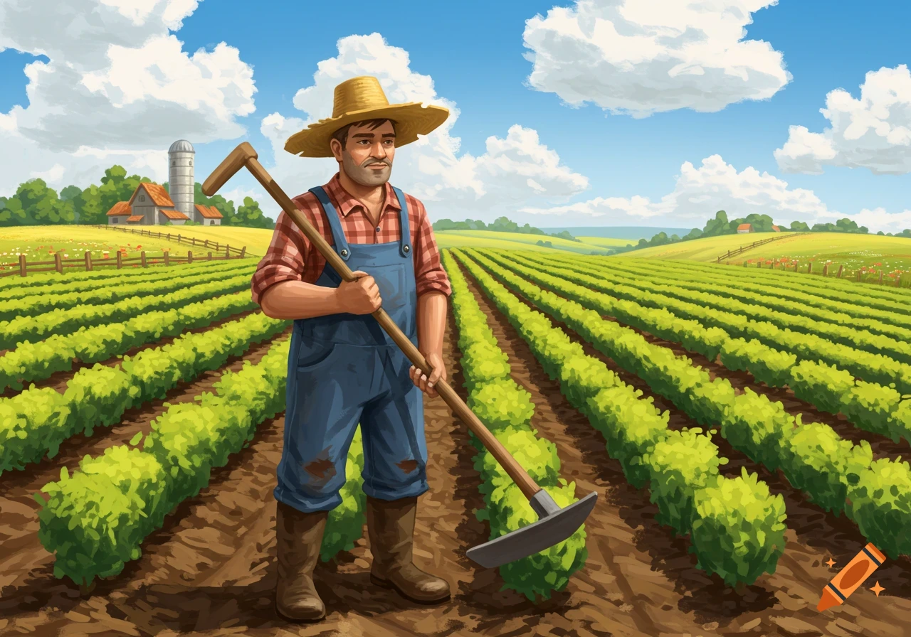 A farmer wearing a straw hat and overalls stands in a field of green crops, holding a hoe, with a barn and silo in the background under a blue sky.
