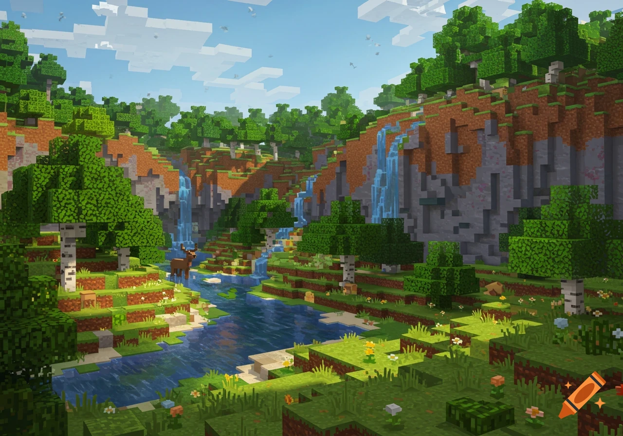 A vibrant Minecraft-style landscape with a river, waterfalls, forests, and a deer under a blue sky.
