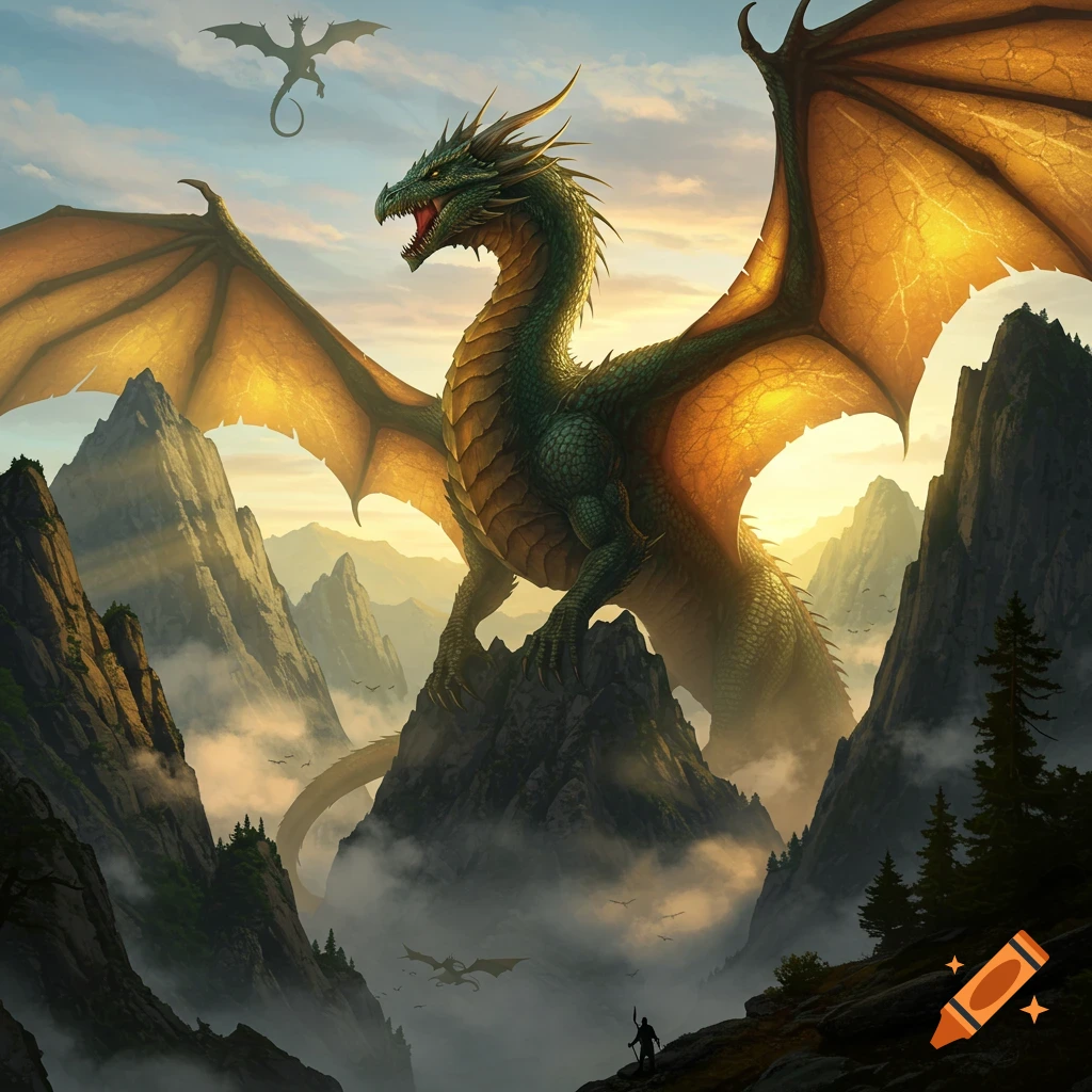 A massive green and gold dragon perches on a mountain peak, overlooking a misty valley with smaller dragons and a lone adventurer below at sunset.