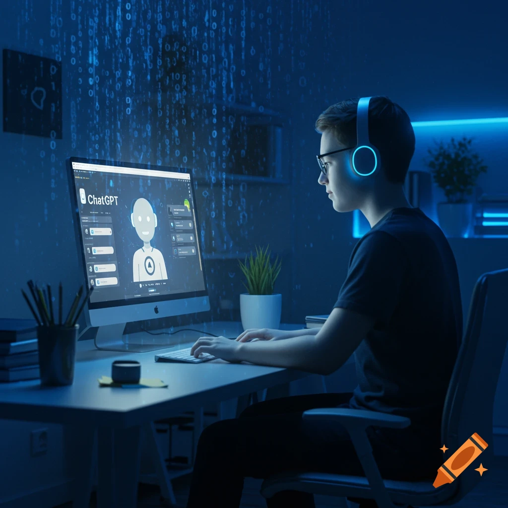 A young person wearing headphones uses a computer with ChatGPT on the screen, in a dark room with blue light and binary code falling.