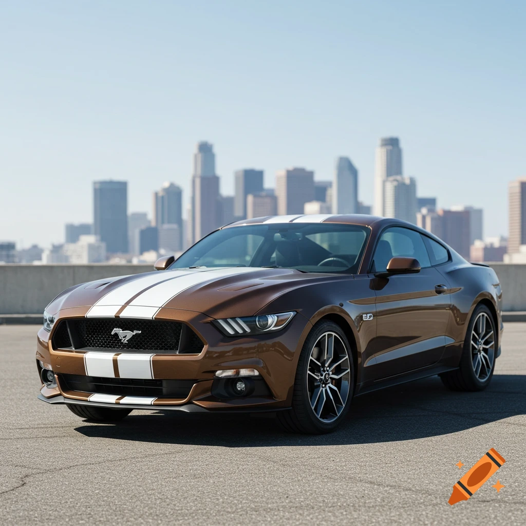 A brown Ford Mustang with white racing stripes is parked on asphalt with a city skyline in the background, under a clear sky.