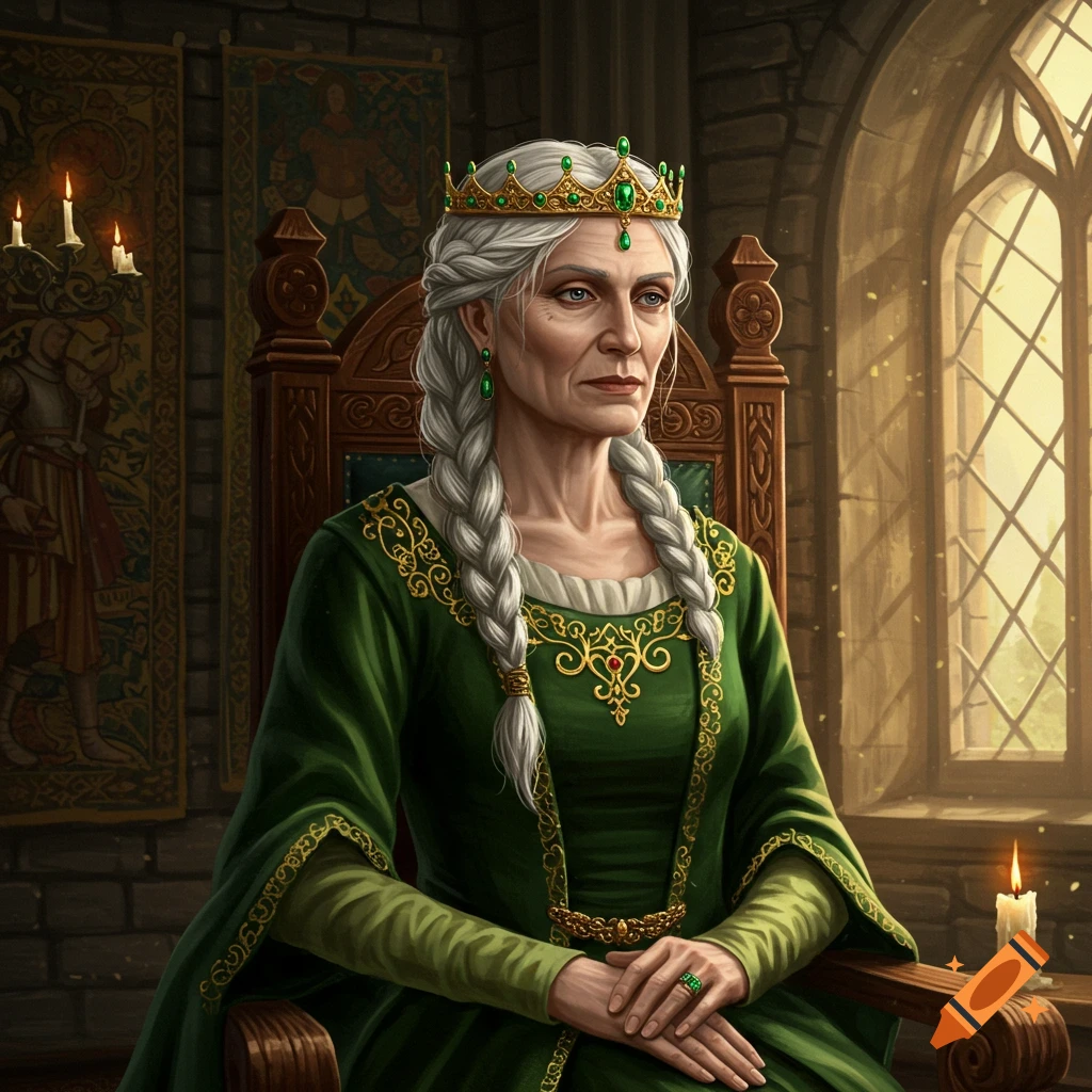 An old queen with white braided hair, wearing a green dress and a golden crown with emeralds, sits on a wooden throne in a medieval castle.