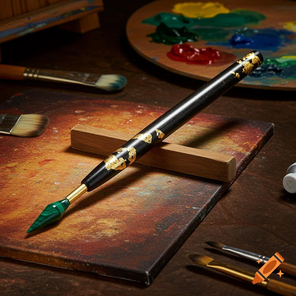 A unique artist's mahl stick with gold leaf and a green malachite-like tip rests on a canvas, surrounded by painting supplies.