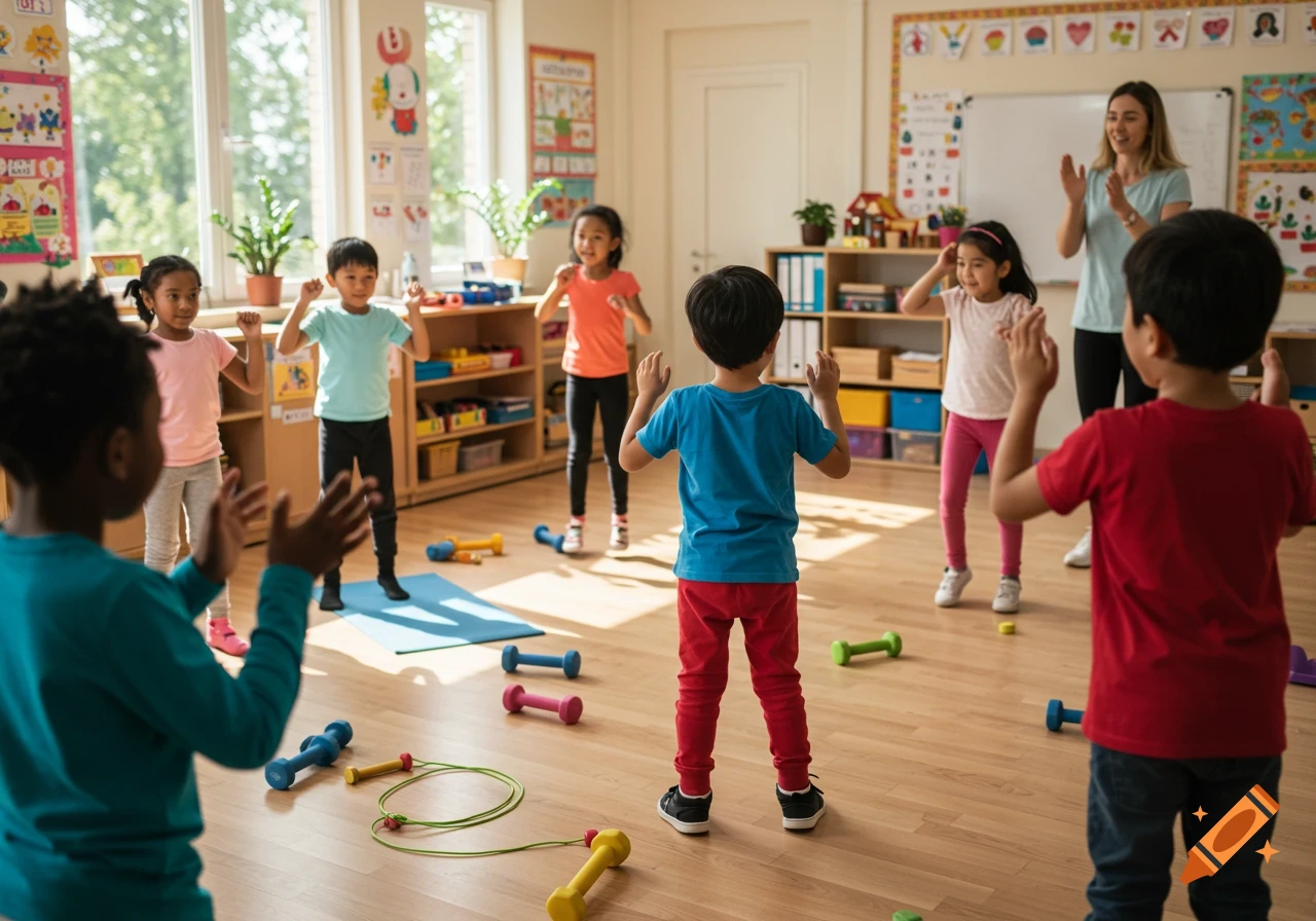 A diverse group of young children and a female teacher doing physical activity exercises in a brightly lit classroom, with colorful dumbbells and jump ropes on the floor.