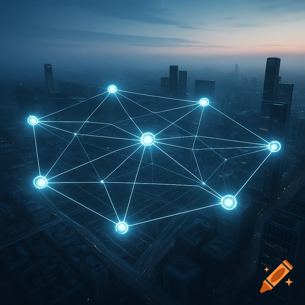 A glowing blue network of nodes and lines hovers above a futuristic city skyline at dusk.