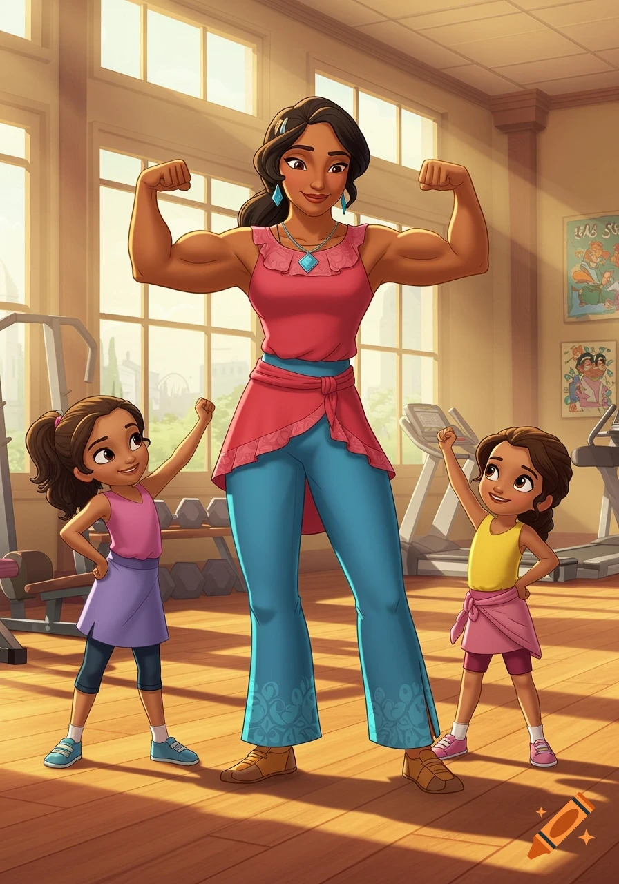 Cartoon of a strong mother flexing muscles with her two young daughters in a bright gym.