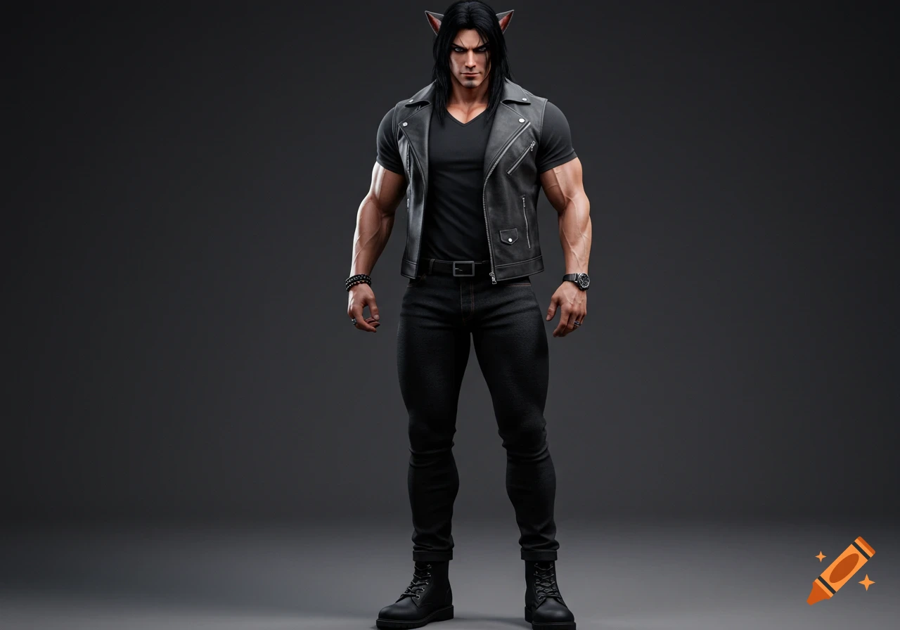Muscular man with long black hair and cat ears, wearing a black V-neck, leather jacket, dark jeans, and boots, standing confidently in a realistic studio shot.