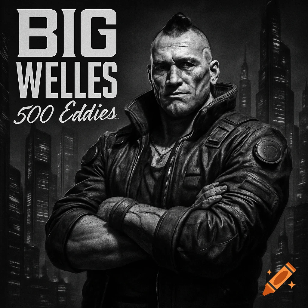 Black and white portrait of a muscular man with a mohawk and leather jacket, standing in front of a city skyline. Text reads 'BIG WELLES' and '500 Eddies'.