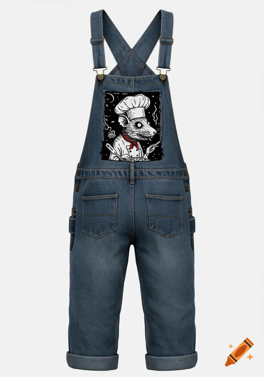 Blue denim overalls with a black and white Gothic horror style illustration of a rat chef cooking and smoking.
