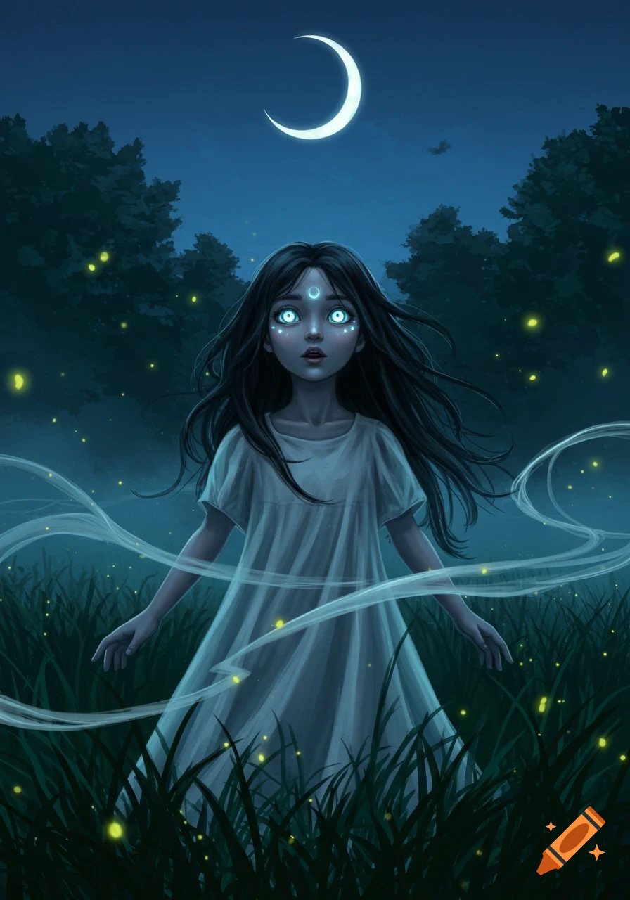 A fantasy illustration of a girl with glowing eyes and crescent moon symbols, standing in a field at night with fireflies, under a crescent moon.