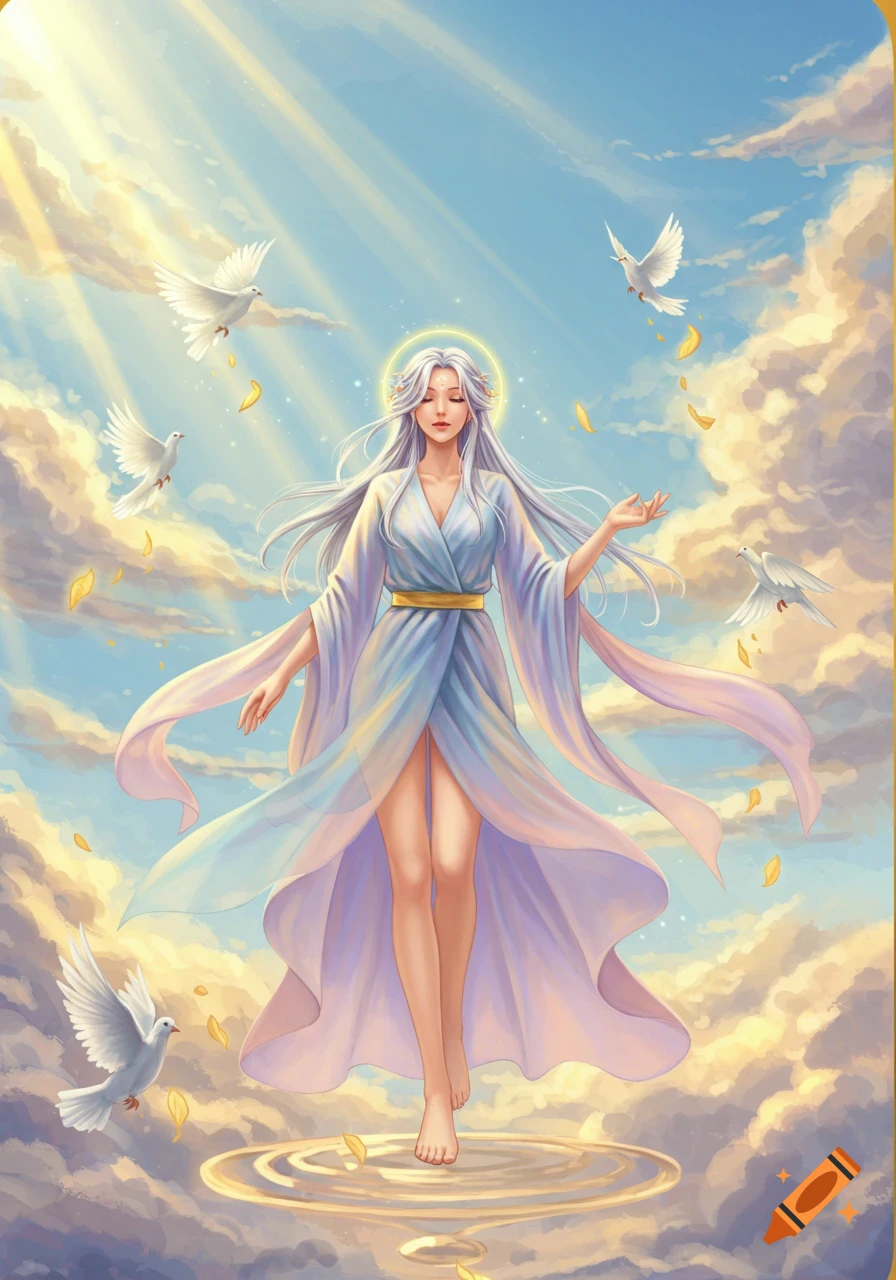 An anime-style angelic woman with white hair and a halo stands amidst clouds with doves and falling leaves.