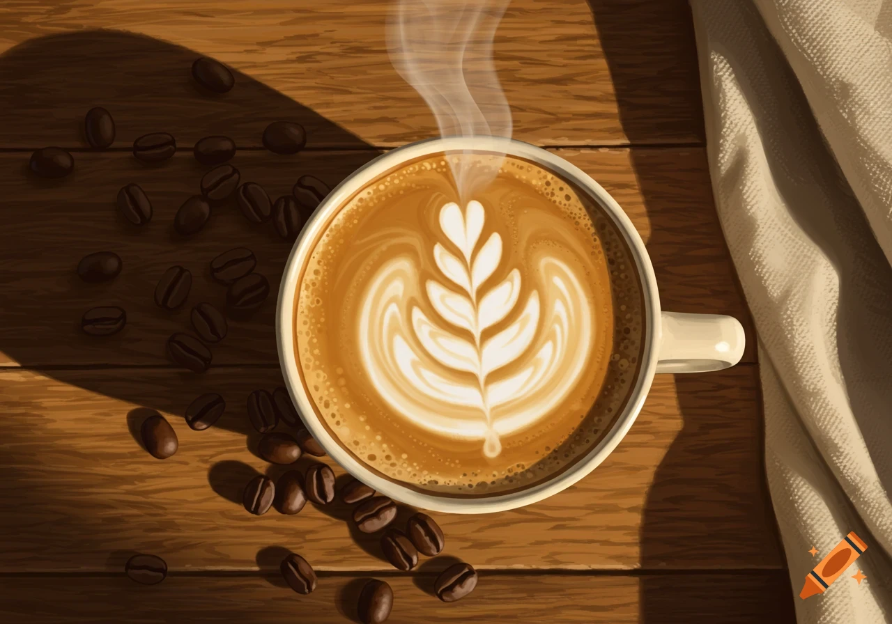 Top-down view of a steaming cup of latte with intricate leaf art, coffee beans, and a cloth on a sunlit wooden table.