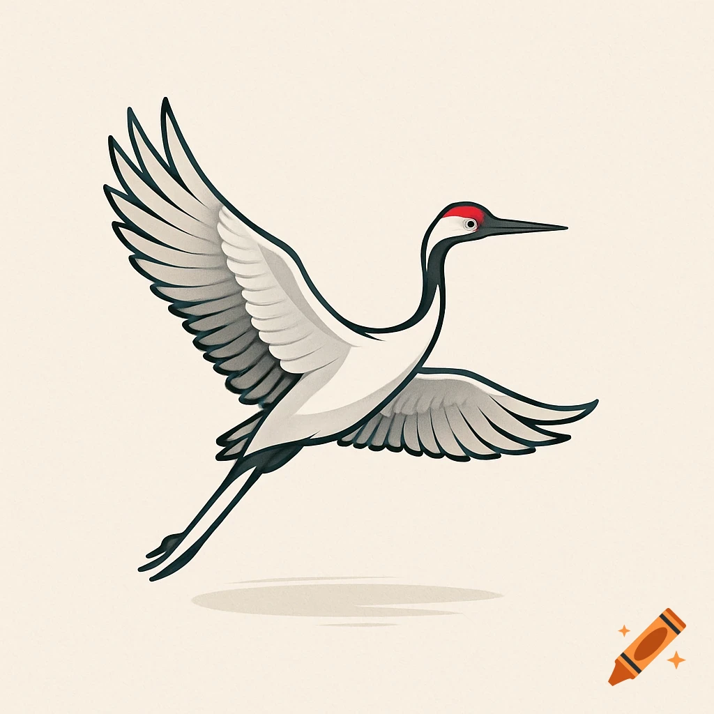 A stylized illustration of a red-crowned crane in flight against a plain background.