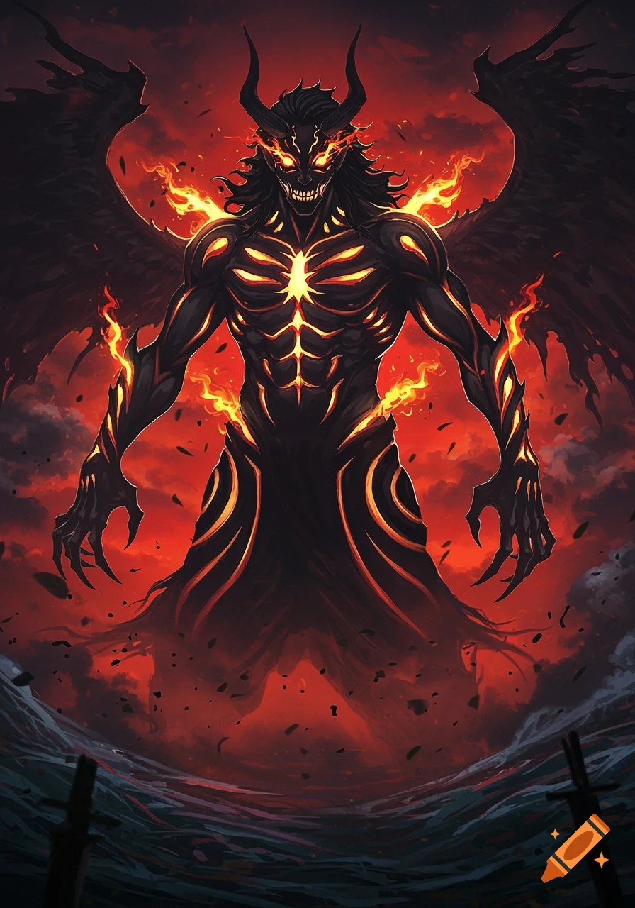 A powerful, dark fantasy demon with glowing red features, horns, and wings, surrounded by fire and smoke.