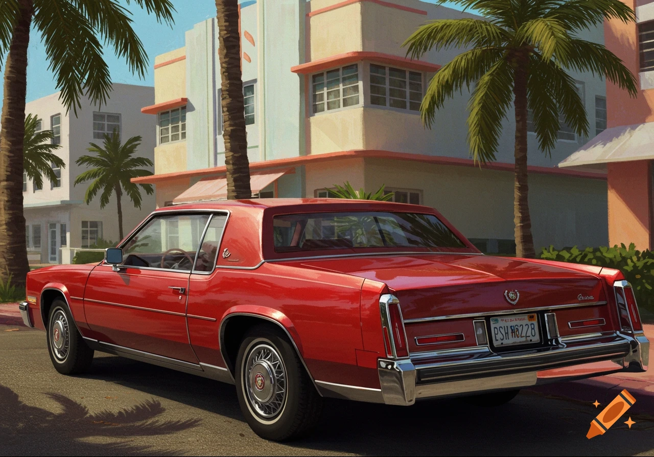 A red classic car, a 1980s Cadillac Eldorado, parked on a street in front of pastel Art Deco buildings with palm trees.