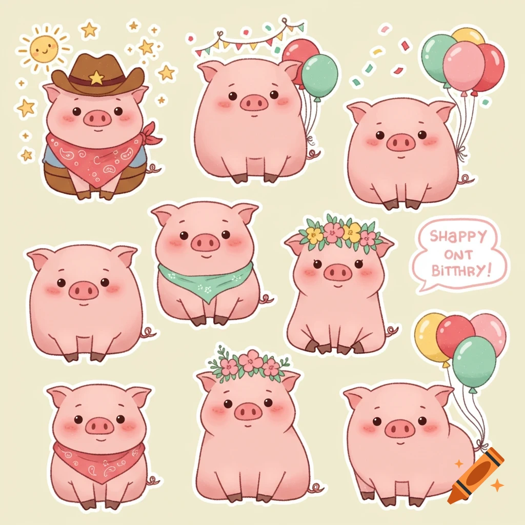 Collection of nine cute cartoon pig stickers with pink bodies and various accessories like cowboy hats, bandanas, flower crowns, and balloons, on a light background.