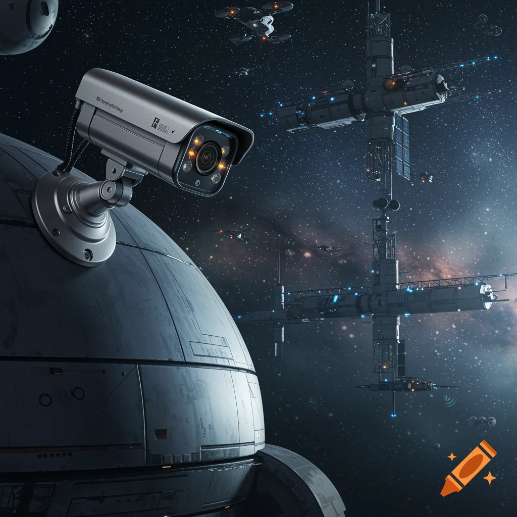 A close-up of a high-tech security camera mounted on a large, spherical structure in space, with a vast space station and several drones in the background against a starry nebula.