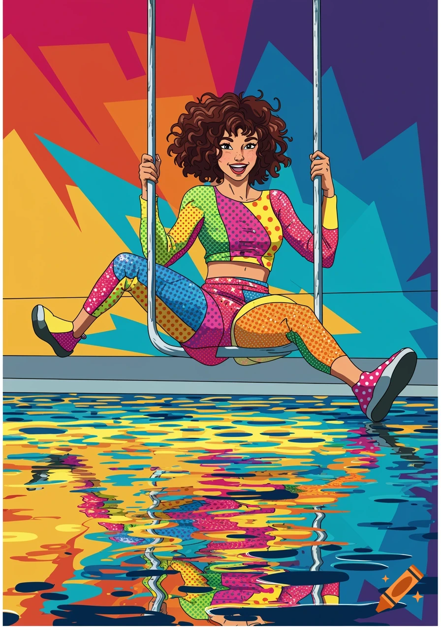 A pop art illustration of a smiling girl with curly brown hair in a colorful, patchwork outfit sitting on a swing over a pool of vibrant, reflective water.